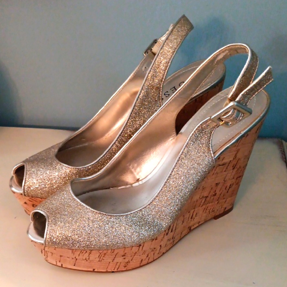 & Guess Glittering Silver Platform Wedge Peep Toe